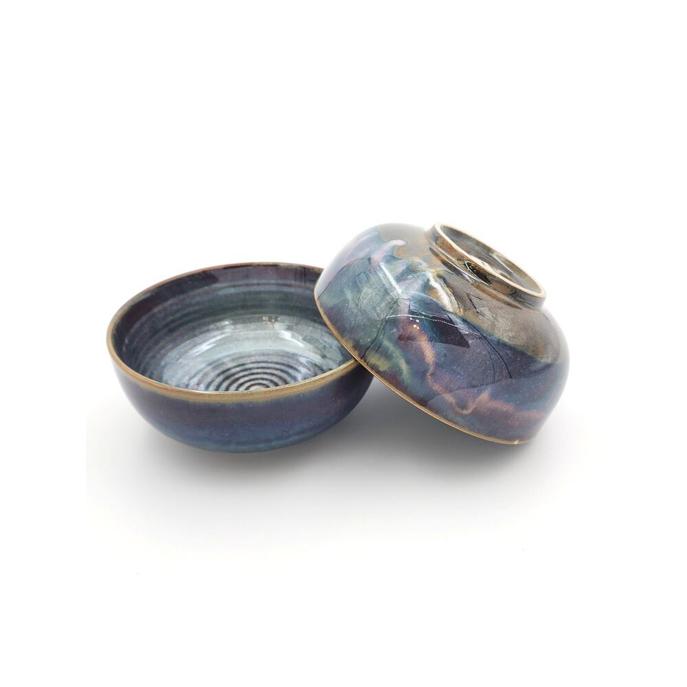 Set of Two 8" Hand-Glazed Stoneware Ramen Bowls in Iridescent Indigo Color
